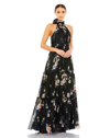 IEENA FOR MAC DUGGAL FLORAL PRINT RUCHED TIERED HIGH NECK BOW GOWN