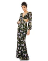 MAC DUGGAL FLORAL EMBELLISHED LONG SLEEVE CUT OUT GOWN