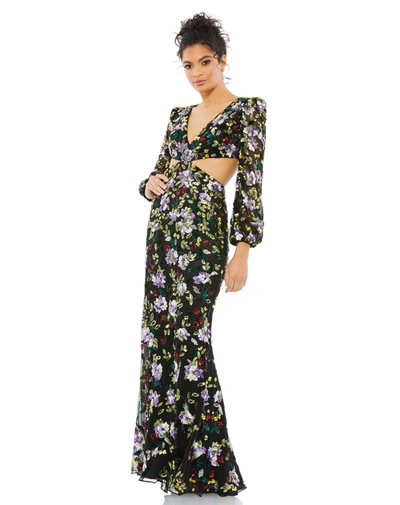 Mac Duggal Floral Embellished Long Sleeve Cut Out Gown In Multi