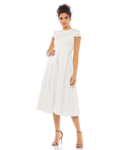 Ieena For Mac Duggal High Neck Cap Sleeve Tea Length Dress In White