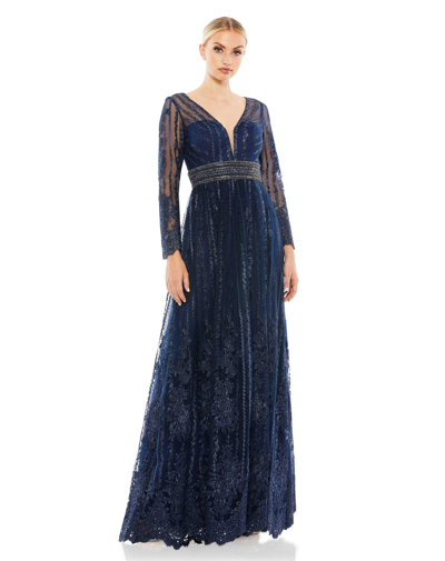 Mac Duggal Long Sleeve Floral Illusion Beaded Gown In Navy