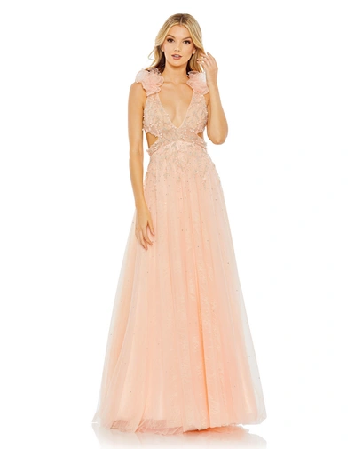 Mac Duggal Embellished Ruffle Shoulder Cut Out A Line Gown In Peach