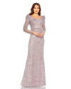 Mac Duggal Embroidered Applique Shoulder Detail Trumpet Gown In Brown