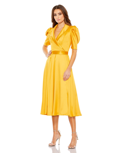 Ieena For Mac Duggal Satin Lapel Puff Sleeve Tea Length Dress In Gold