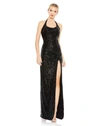 Mac Duggal Sequined Halter Strap Low Side Knot Gown In Black