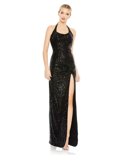 Mac Duggal Sequined Halter Strap Low Side Knot Gown In Black