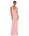 MAC DUGGAL SEQUINED DRAPED V NECK GOWN