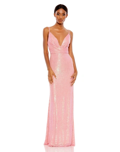 Mac Duggal Sequined Draped V Neck Gown In Pink
