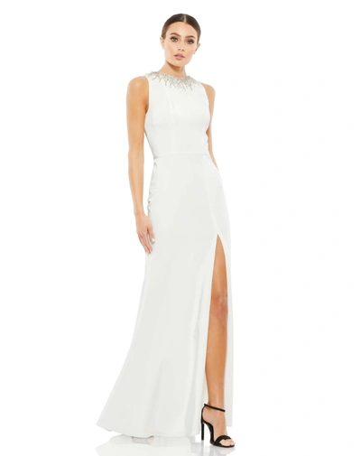 Ieena For Mac Duggal Sleeveless Rhinestone Collar Column Gown In White
