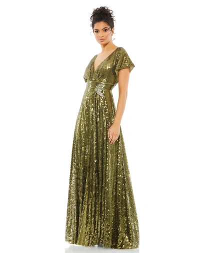 MAC DUGGAL SEQUINED BUTTERFLY SLEEVE WRAP OVER A LINE GOWN