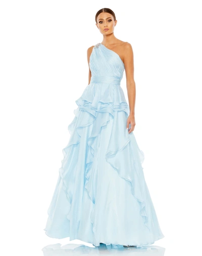 Mac Duggal Jewel Broach One Shoulder Cascade Layered Gown In Blue