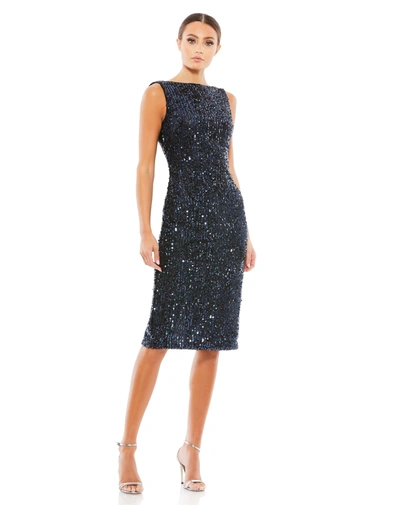 Ieena For Mac Duggal Draped Back Boatneck Sequined Cocktail Dress In Blue