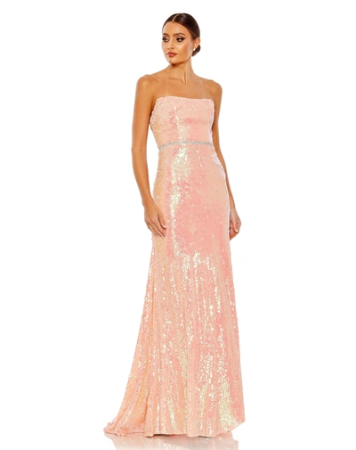 Ieena For Mac Duggal Sequined Strapless Rhinestone Belt Gown In Pink