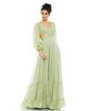 Mac Duggal Pleated Cut Out Long Sleeve Lace Up Tiered Gown In Multi