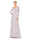 Mac Duggal Beaded Lace Long Sleeve Wrap Over Gown In Purple
