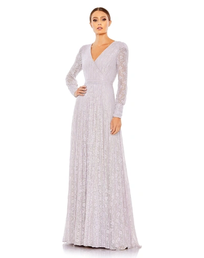 Mac Duggal Women's Beaded Lace Long Sleeve Wrap Over Gown In Lavender