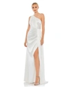 Ieena For Mac Duggal Gathered One Shoulder Satin Faux Wrap Gown In White