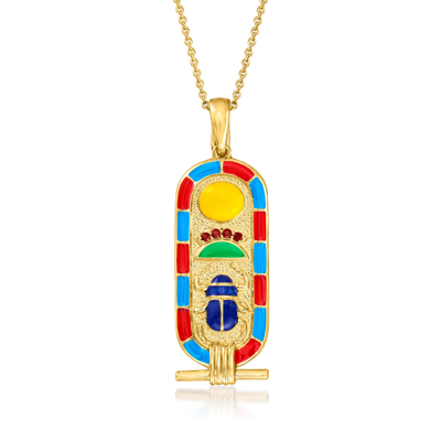 Ross-simons Multicolored Enamel "rise With The Sun" Egyptian Symbol Pendant Necklace With Garnet Accents In 18kt