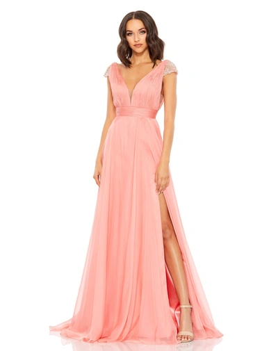 Mac Duggal Chiffon Beaded Cap Sleeve A Line Gown In Pink