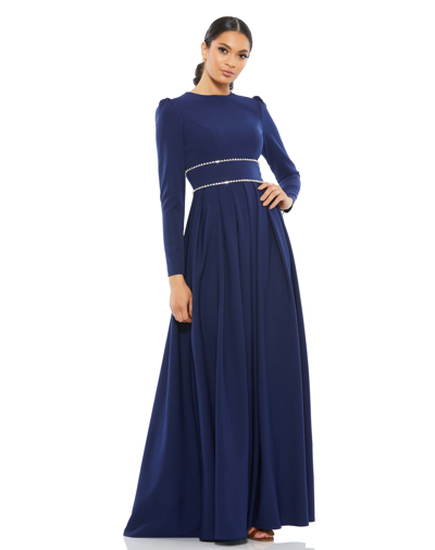 Mac Duggal Women's Ieena High Neck Rhinestone Waist A Line Gown In Blue