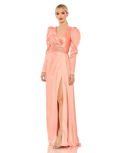 Ieena For Mac Duggal Faux Wrap Long Sleeve A Line Gown In Pink