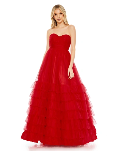 Mac Duggal Bustiere Tulle Tierd Ballgown In Red