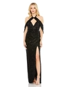 MAC DUGGAL SEQUINED DRAPED SLEEVELESS KEYHOLE COWL BACK GOWN