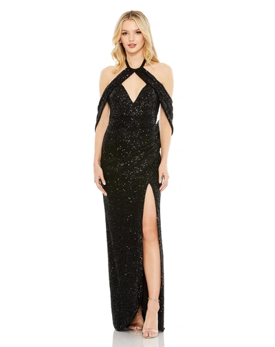 Mac Duggal Sequined Draped Sleeveless Keyhole Cowl Back Gown In Black