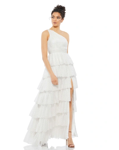 Mac Duggal One Shoulder Ruffle Tiered Gown In White