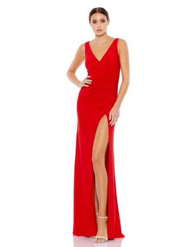Ieena For Mac Duggal Ruched Stretch Jersey V-neck Gown In Red