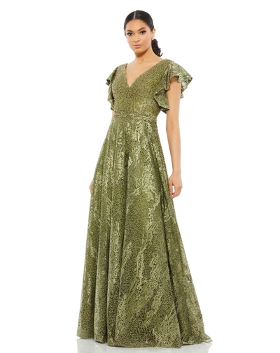 Mac Duggal Embroidered Flutter Sleeve V-neck Gown In Green