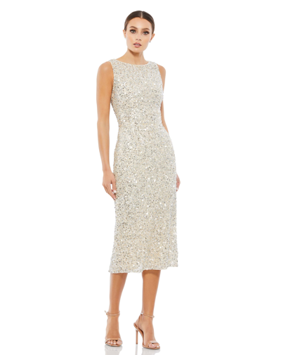 Mac Duggal Sleeveless Sequined Midi Sheath Dress In Beige