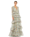 IEENA FOR MAC DUGGAL FLORAL PRINTED TIERED RUFFLE LONG SLEEVE GOWN
