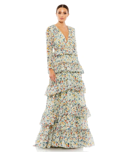 Ieena For Mac Duggal Floral Printed Tiered Ruffle Long Sleeve Gown In Multi