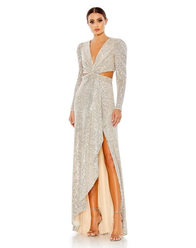 Mac Duggal Sequined Criss Cross Long Sleeve Gown In Brown