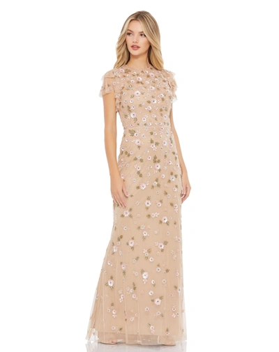 Mac Duggal Embellished High Neck Flutter Sleeve Gown In Nude Multi