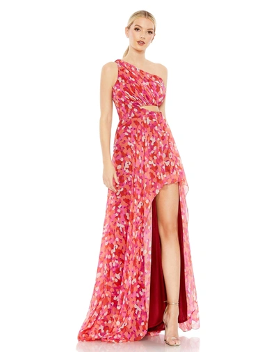 Mac Duggal Printed One Shoulder Cut Out Hi-lo Gown In Pink Multi