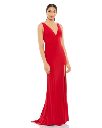 Ieena For Mac Duggal Classic V-neck Wrap Evening Gown In Red