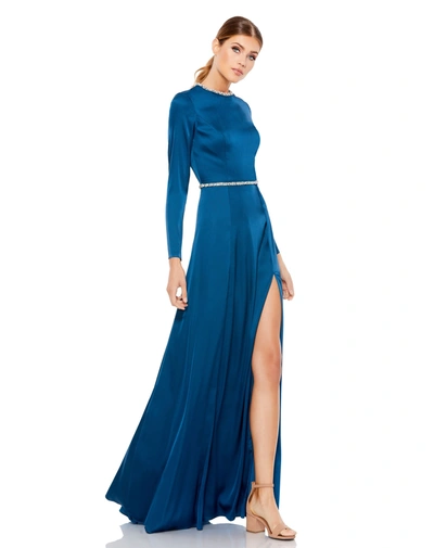 Ieena For Mac Duggal Long Sleeve Jewel Trimmed Charmeuse Gown In Blue