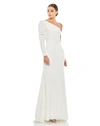 Mac Duggal One-shoulder Gown With Dramatic Puff Sleeve And Thigh-high Slit In White In White