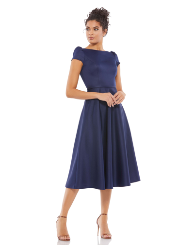 Ieena For Mac Duggal Satin Puff Shoulder Tea Length Dress In Blue