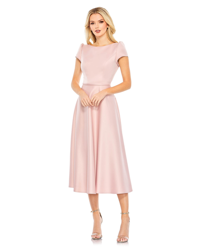 Ieena For Mac Duggal Satin Puff Shoulder Tea Length Dress In Pink