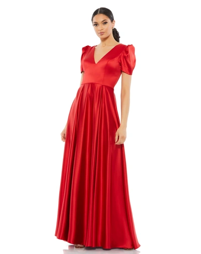 Ieena For Mac Duggal Puff Sleeve V-neck Satin Gown In Red