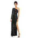 Mac Duggal Sequin One-shoulder Long Sleeve Column Gown In Black