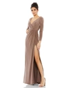 Mac Duggal Long Sleeve Faux Wrap Jersey Gown In Brown