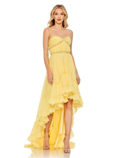 Mac Duggal Beaded Strapped Ruffle High Low Gown In Yellow