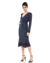 Mac Duggal Sequined Long Sleeve Midi Trumpet Dress In Blue
