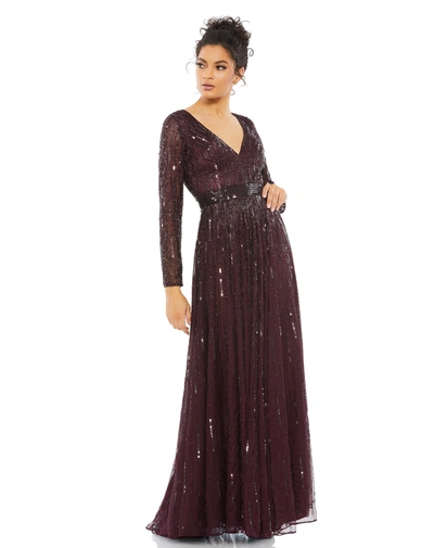 Mac Duggal Sequined Long Sleeve Plunging V-neck Gown In Mulberry