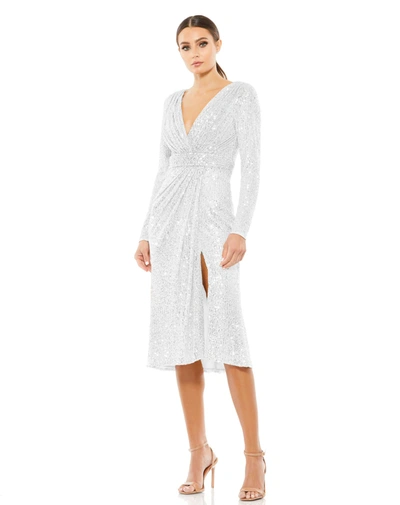 Ieena For Mac Duggal Long Sleeve Sequined Midi Dress In White