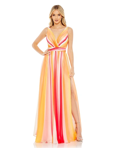 Mac Duggal Striped Multi Sleeveless Gown In Pink Multi